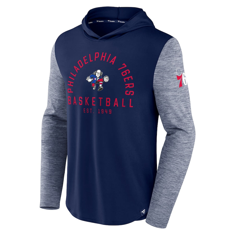Philadelphia 76ers Fanatics Branded Deep Rotation Performance Pullover Hoodie - Navy/Heathered Navy
